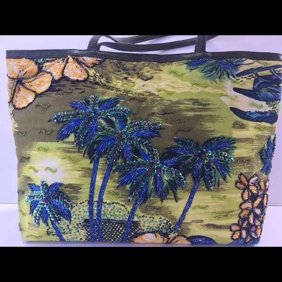 Christiana Beaded Bag Palm Trees and Hibiscus EUC - Picture 3 of 7